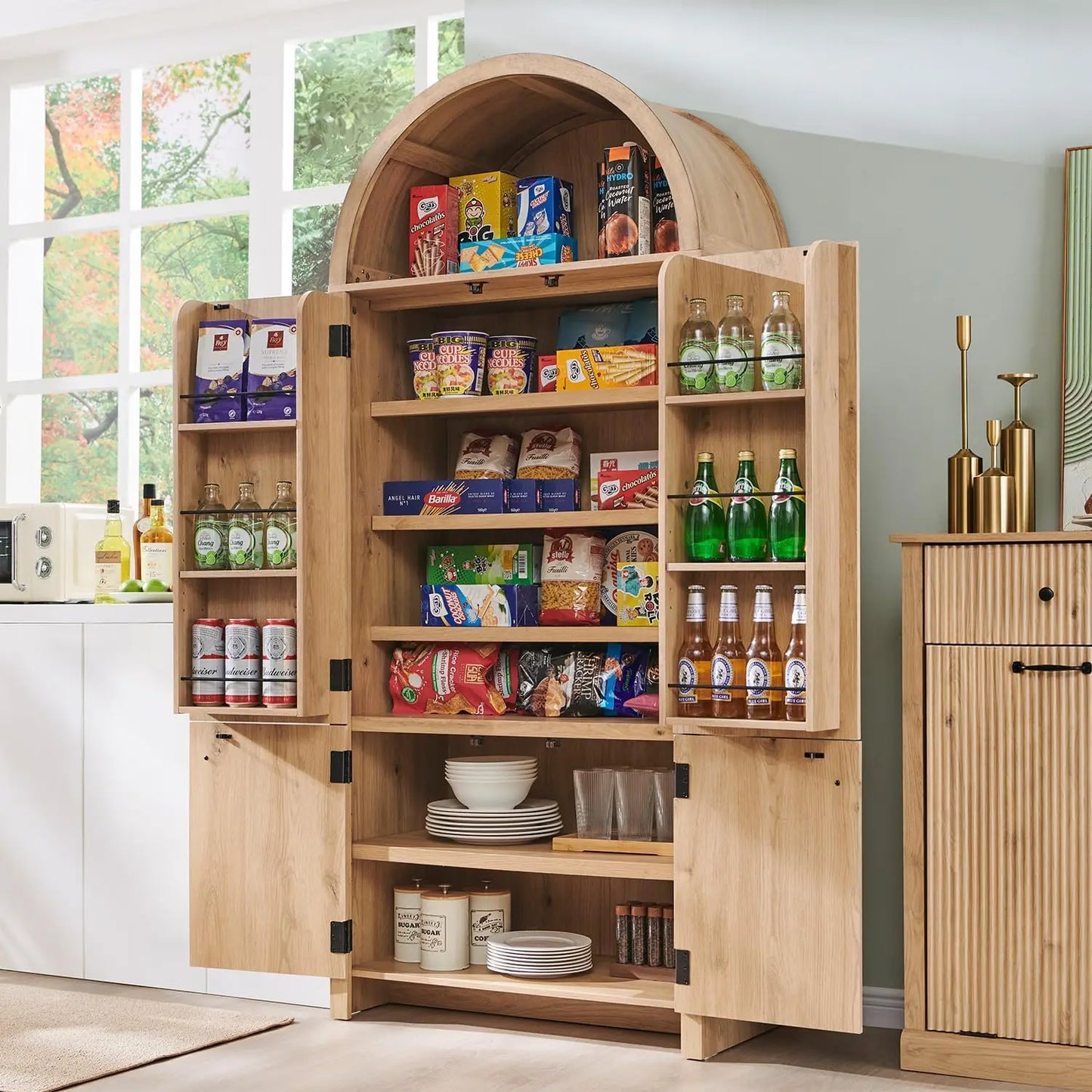 Arched Kitchen Pantry Cabinet With Doors And Adjustable Shelves