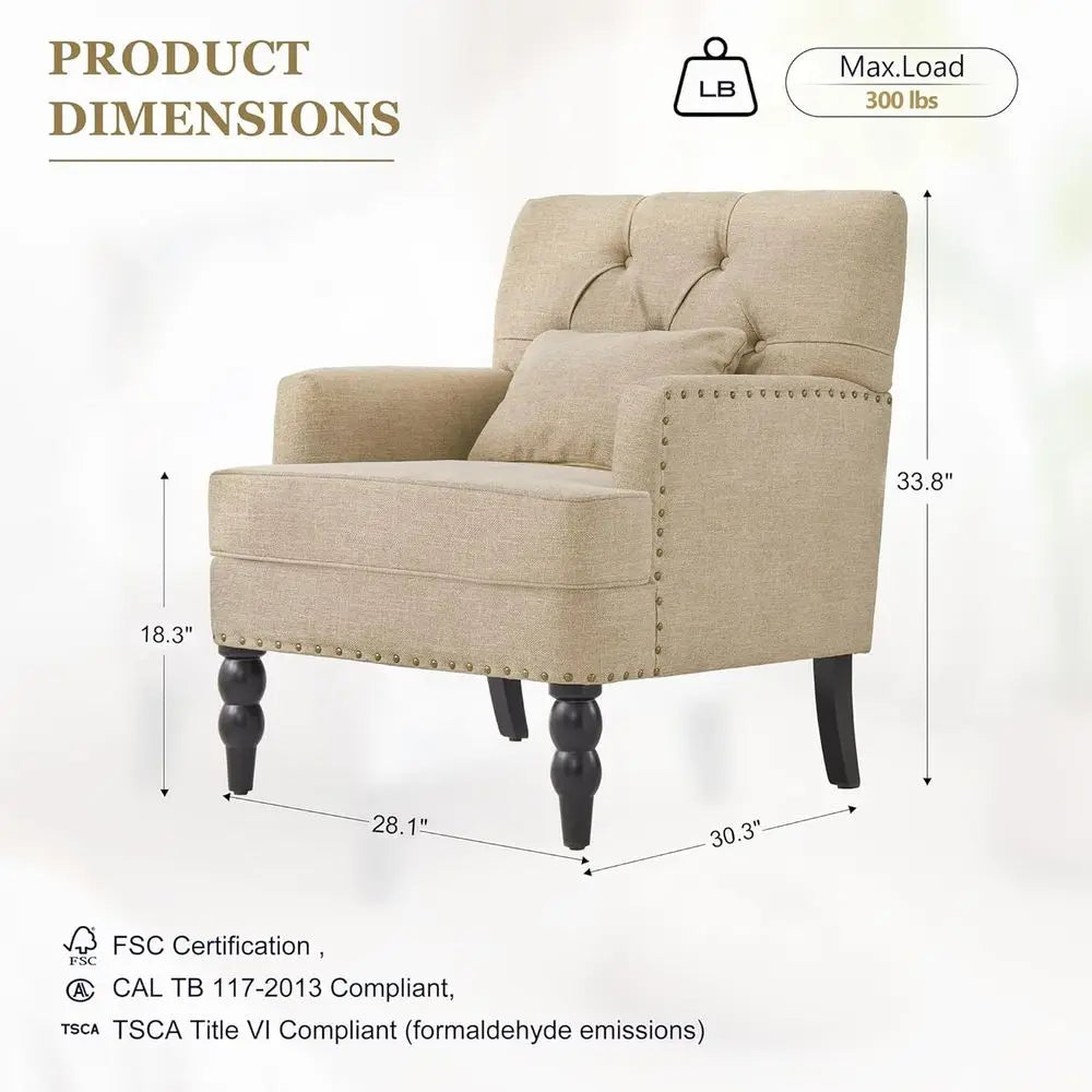 Linen Fabric Upholstered Accent Chair With Lumbar Pillow