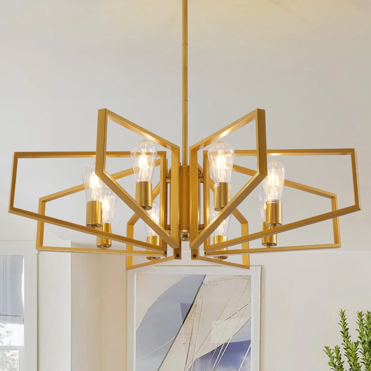 Modern 8 Light Geometric Chandelier Adjustable Height Metal Pendant Light