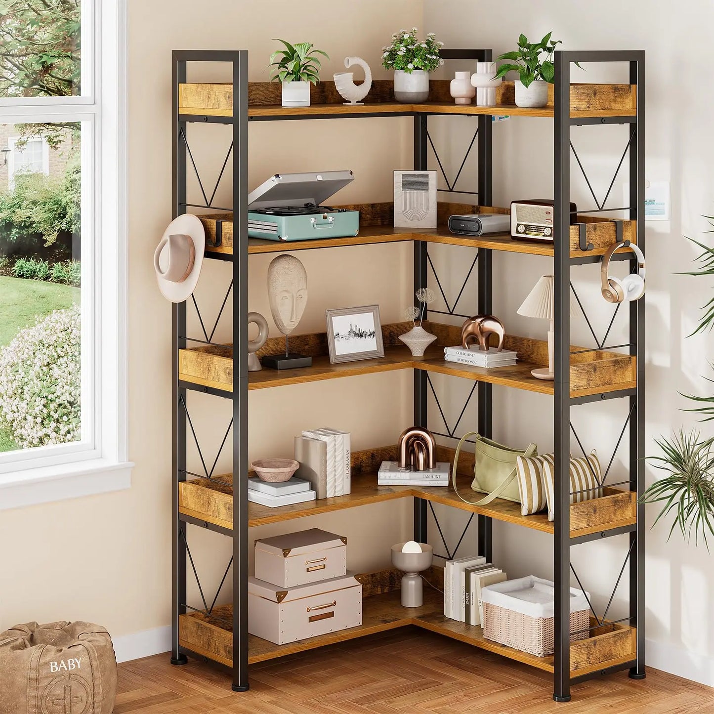 JHK 5 Tier L Shaped Corner Bookshelf With Hooks Wooden