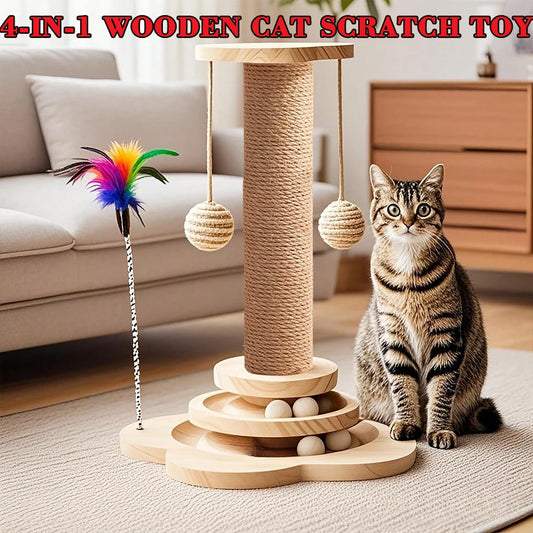 Wooden Cat Scratcher Activity Center With Ball Track and Feather Toy