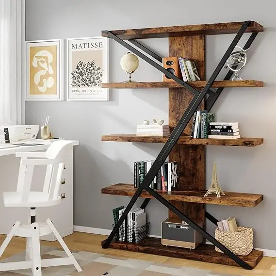 Five Tier Bookshelf With Metal Frame And Wood Shelves