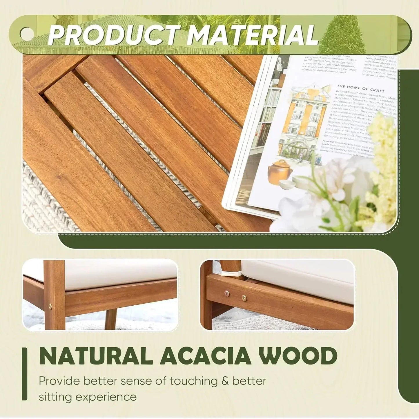 Acacia Wood Outdoor Patio 4 Piece Conversation Sofa Set With Table