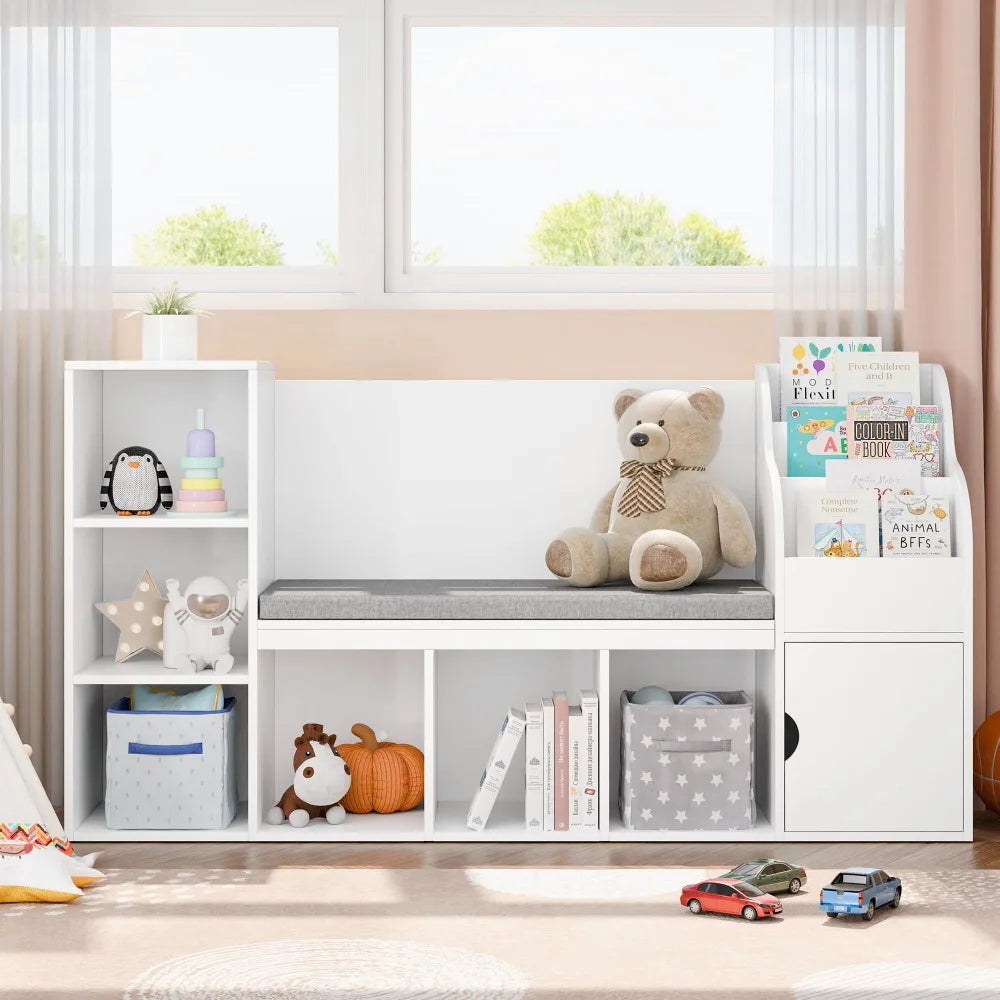Natural Oak Kids Bookshelf And Reading Nook With Chalkboard Bench