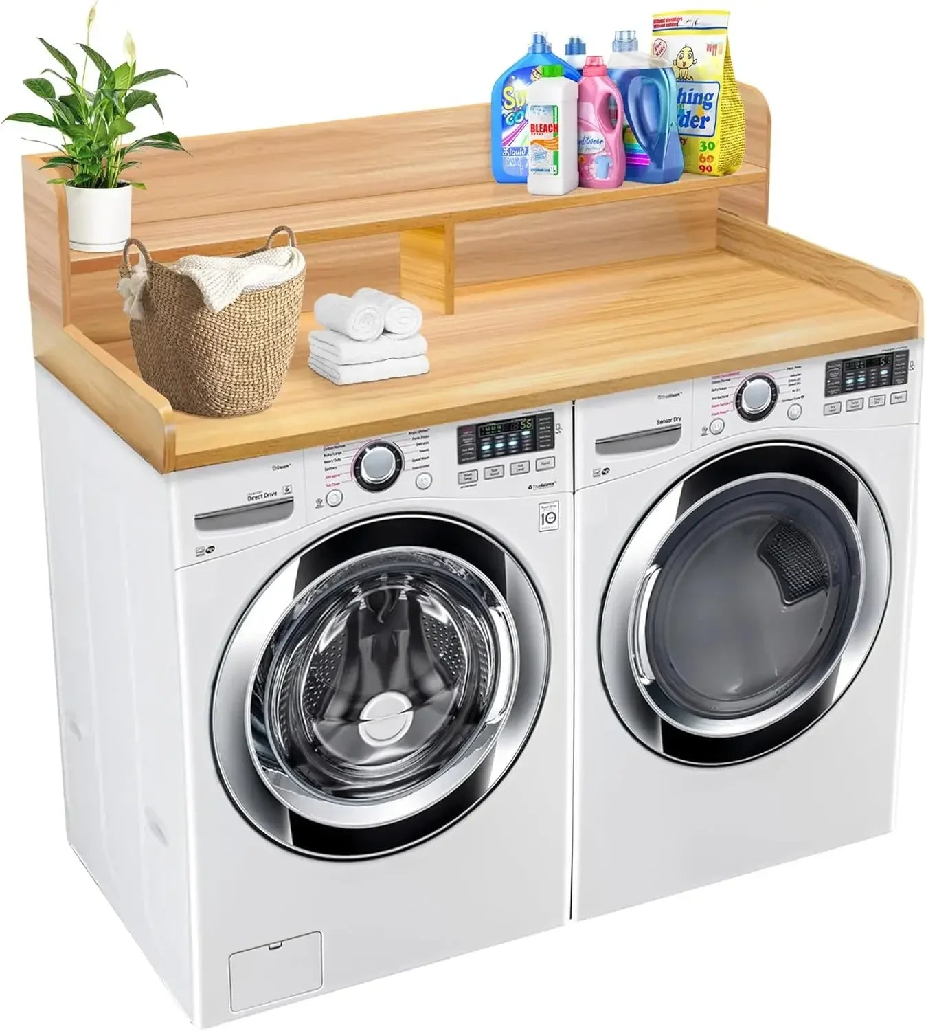 Two Tier Oak Countertop Laundry Shelf For Washer And Dryer
