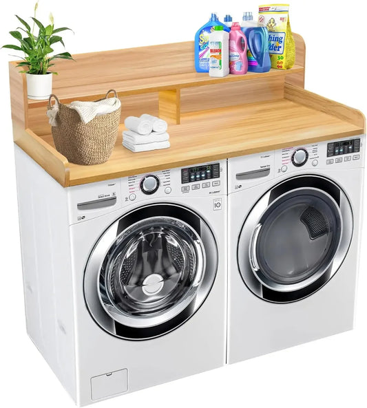 Two Tier Oak Countertop Laundry Shelf For Washer And Dryer