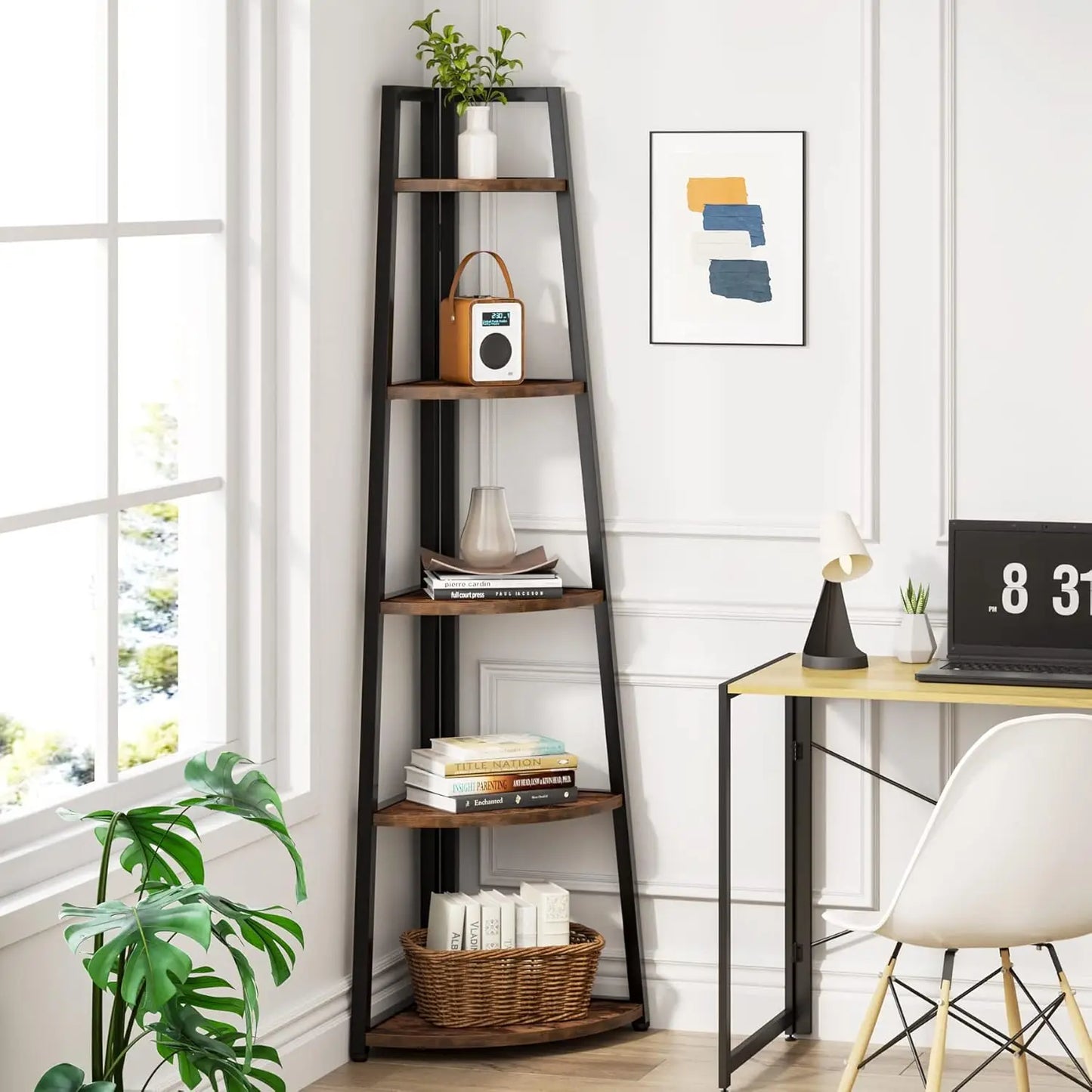 Five-Tier Corner Bookshelf And Bookcase For Living Room Or Office
