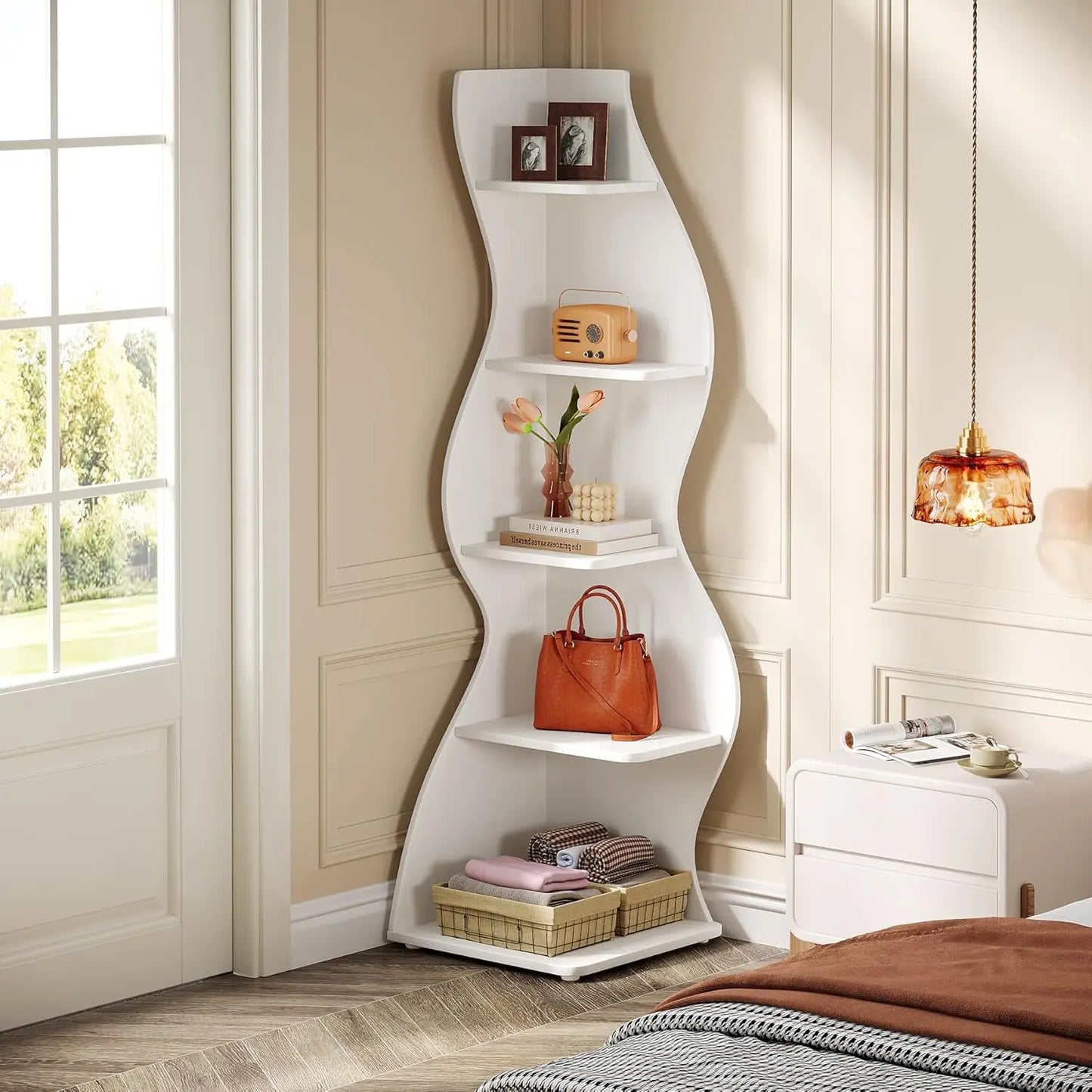Modern 5-Tier Curvy Corner Shelf Rack For Living Room