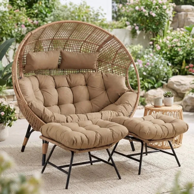 Two Person Egg Chair Indoor Outdoor Wicker Lounge With Ottoman