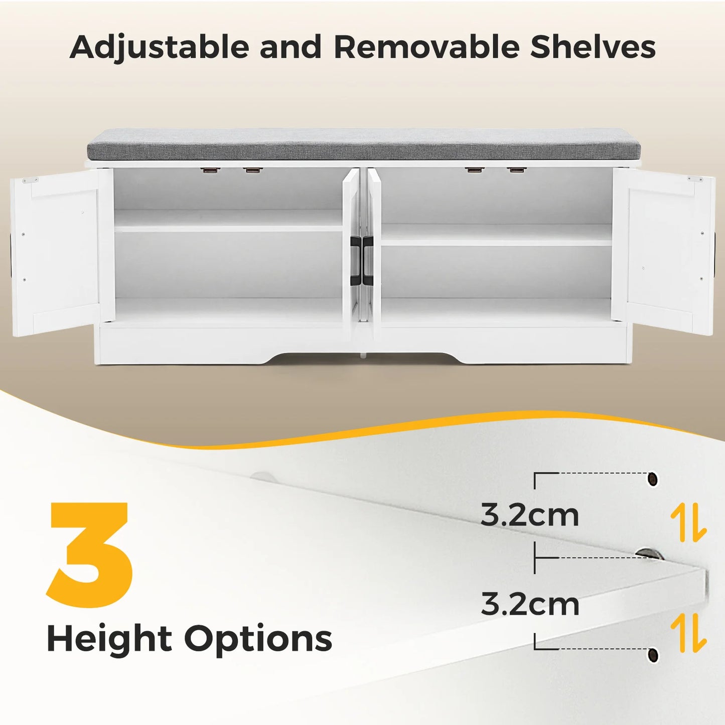JHK Storage Bench Two Door Shoe Organizer Cabinet Entryway