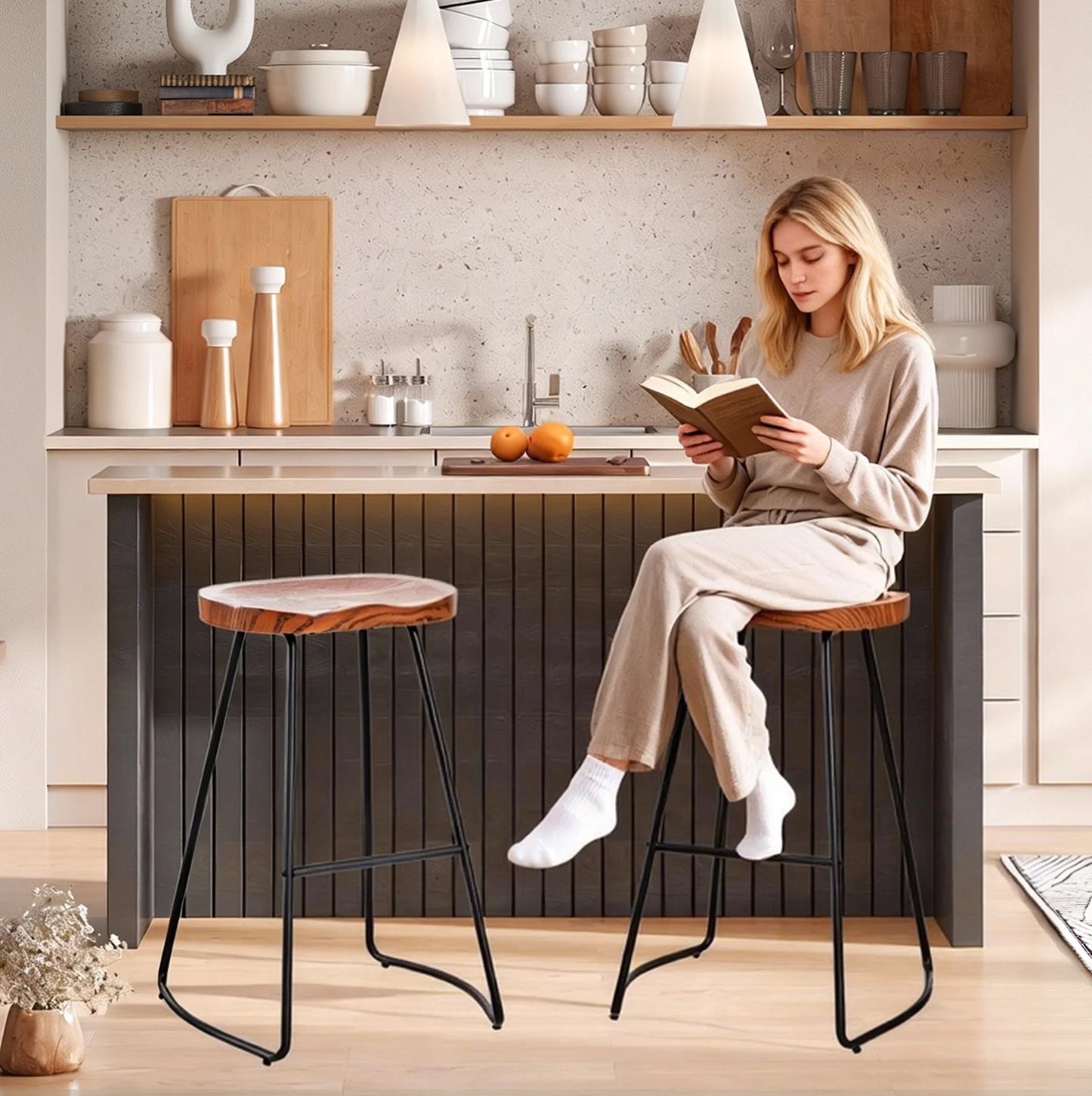 JHK Wood Saddle Seat Counter Stools With Metal Legs Office
