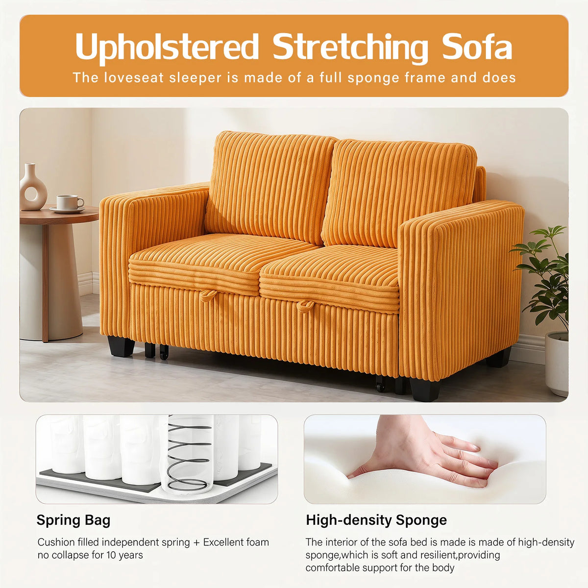 Modern Corduroy Convertible Sofa Bed With Solid Wood Frame
