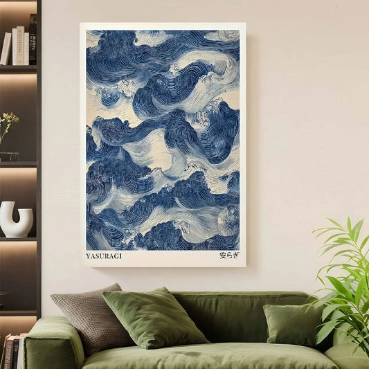 Framed Japanese Wave Wall Art Print in Wabi-Sabi Style