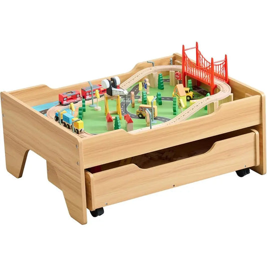 3 In 1 Wooden Train Table With Ample Storage Wheels