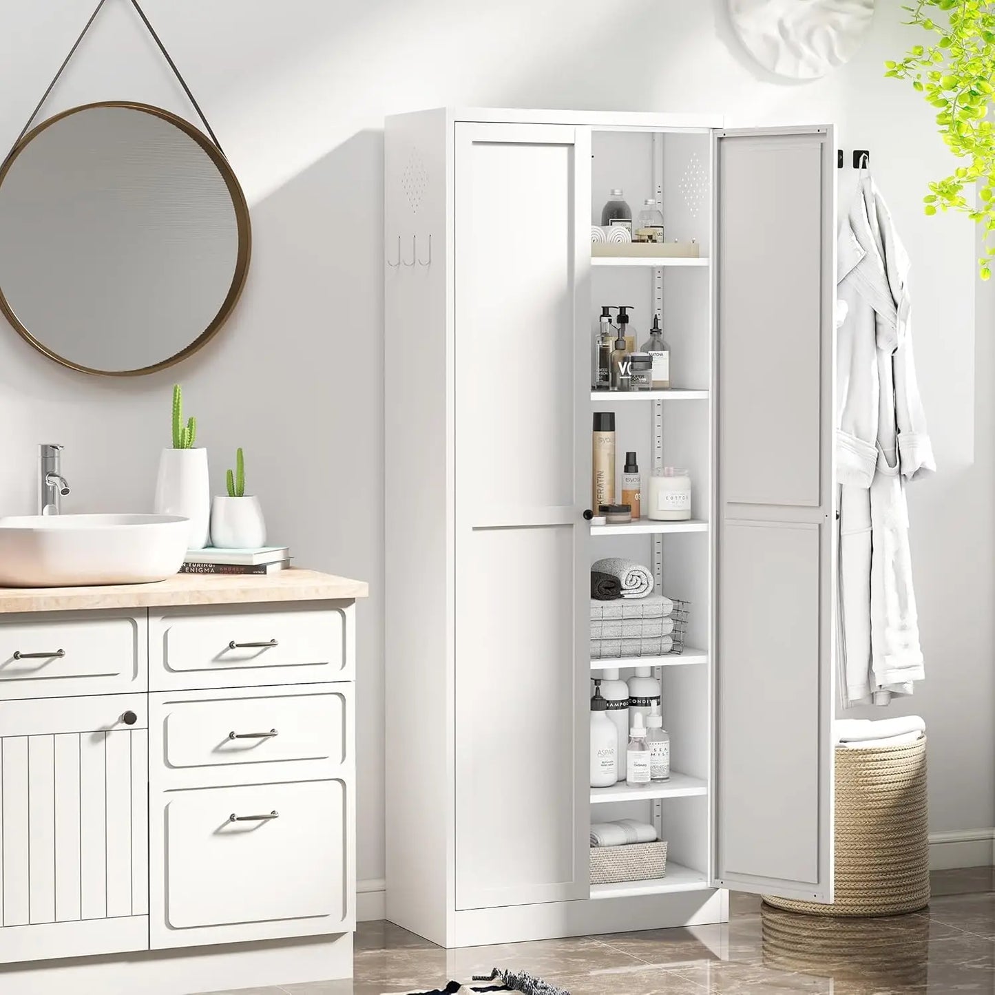 Kitchen Pantry Cabinet With Five Tier Adjustable Shelves And Doors