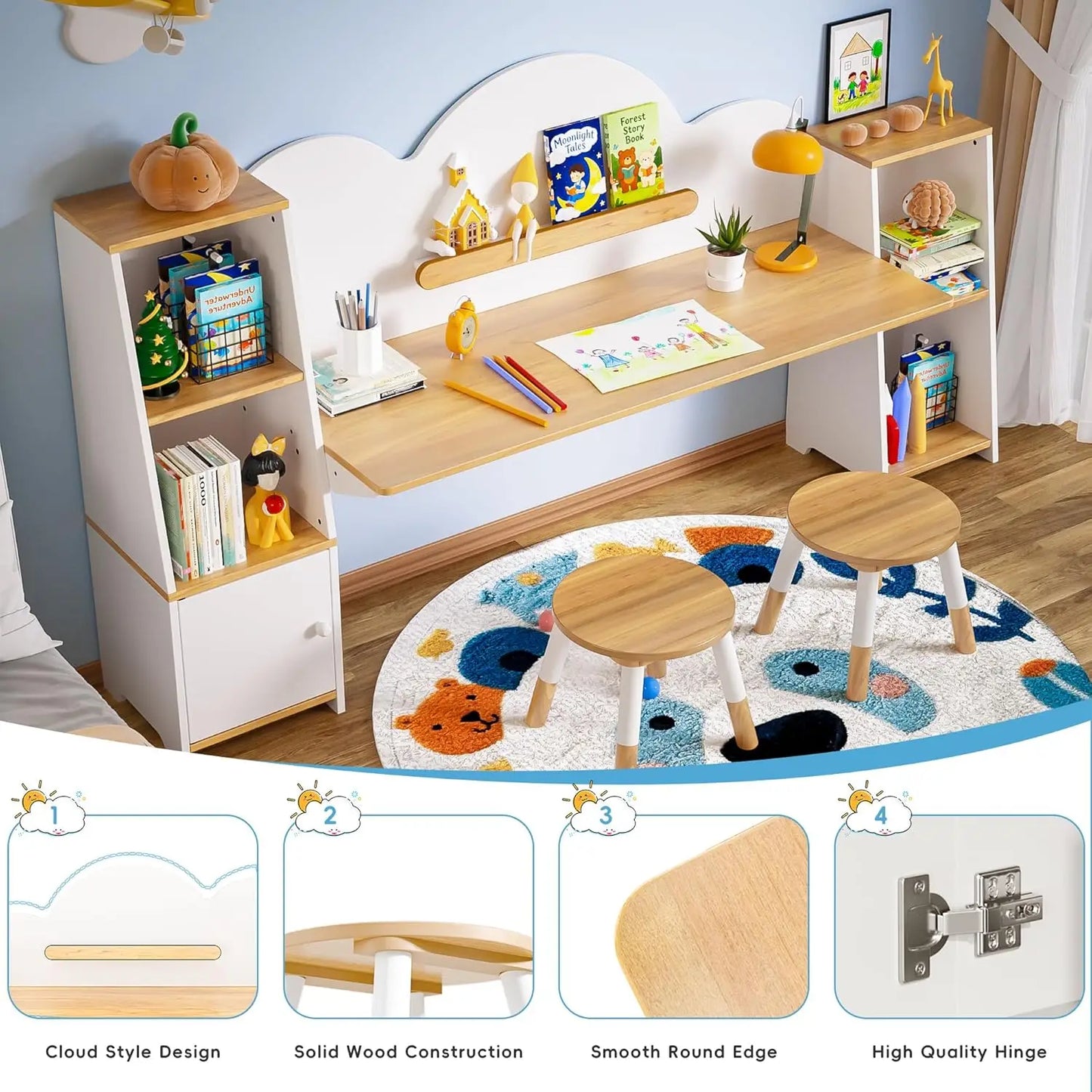 Wooden Kids Study Desk With Storage And Two Stools Set