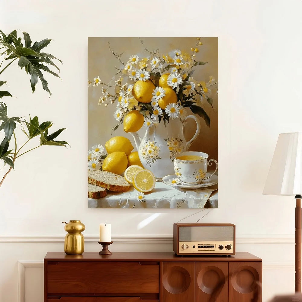 Framed Vintage Canvas Wall Art Lemons And White Vase Floral