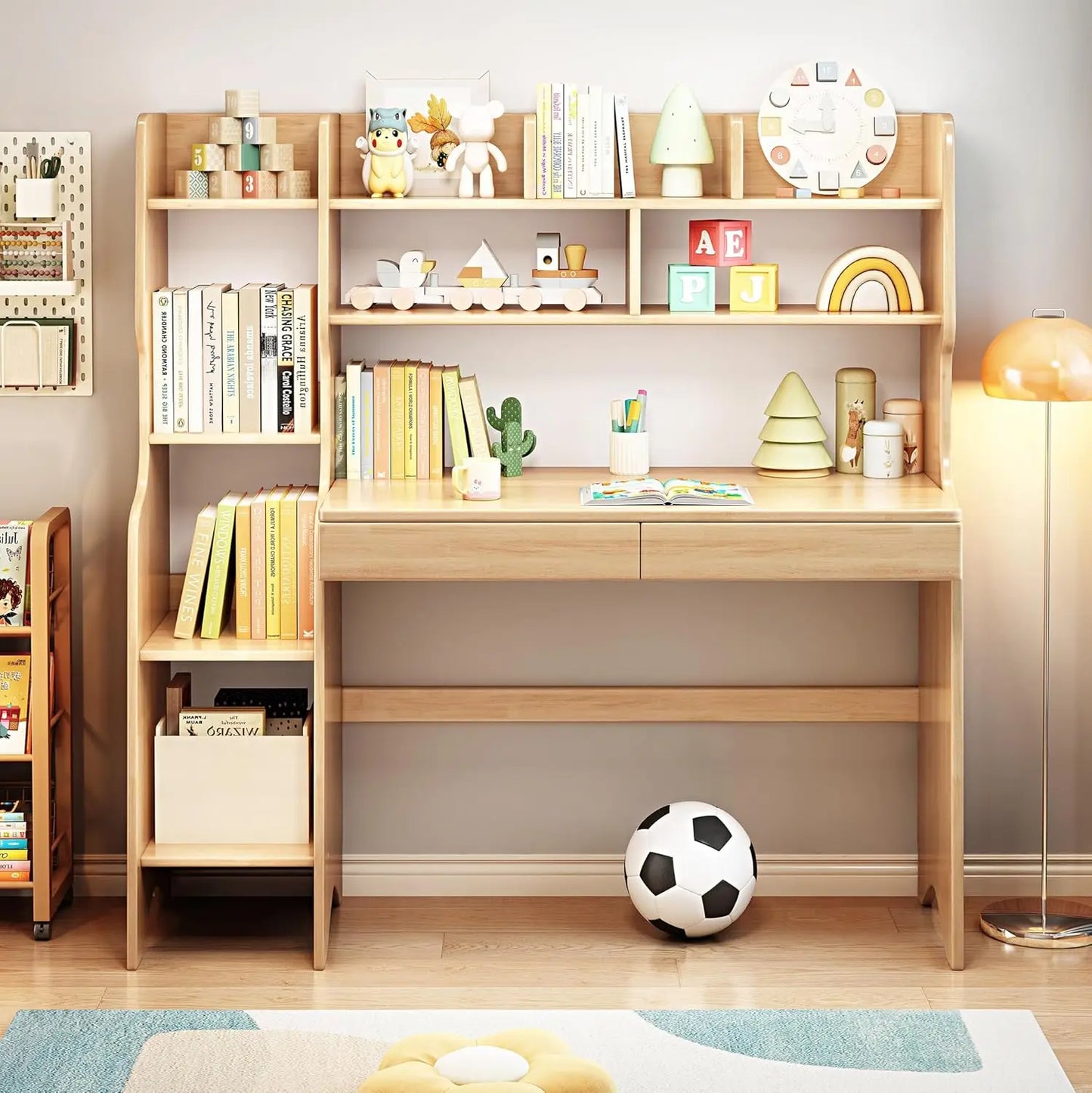 Kids Desk With Drawers And Bookshelf In Rubber Wood