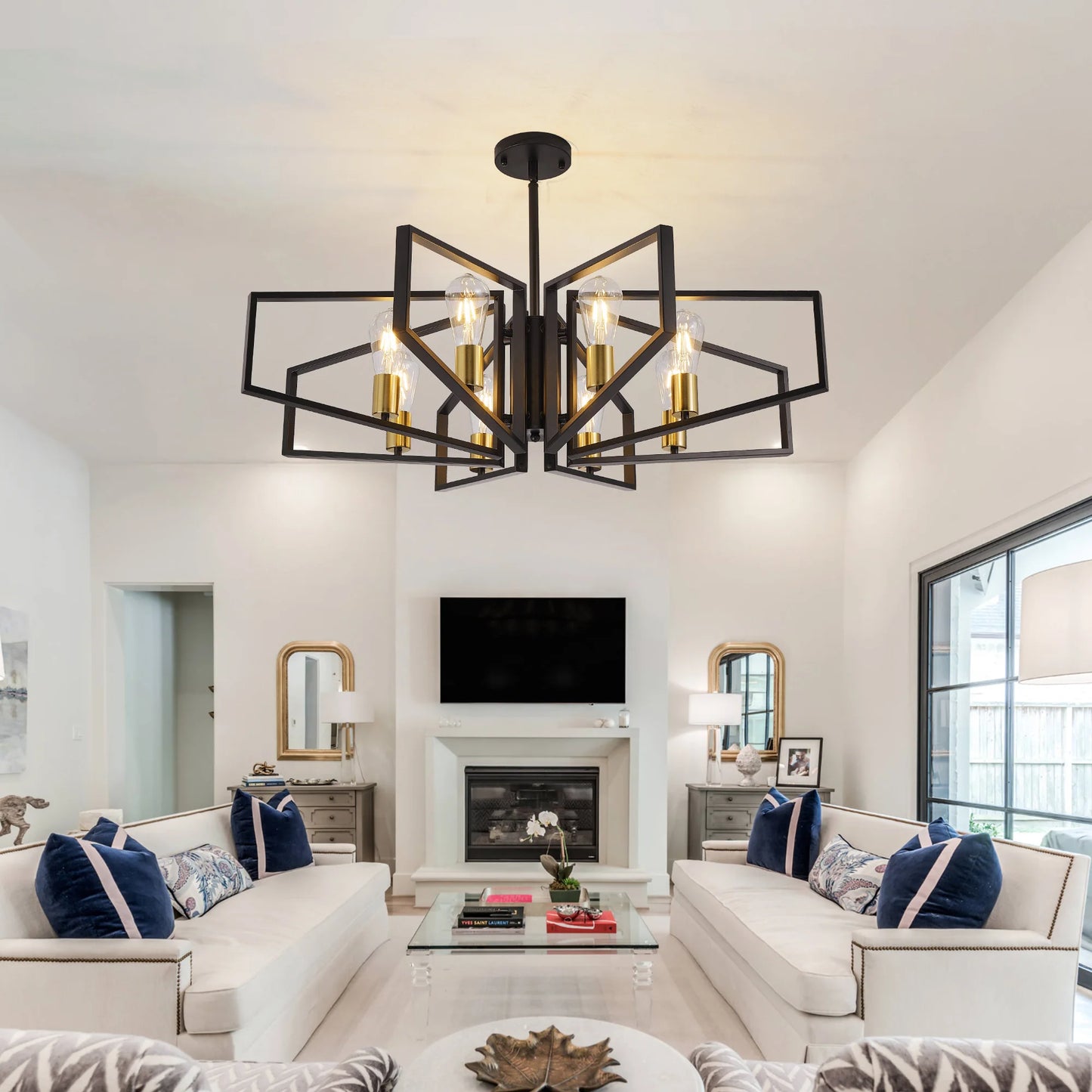 Modern 8 Light Geometric Chandelier Adjustable Height Metal Pendant Light
