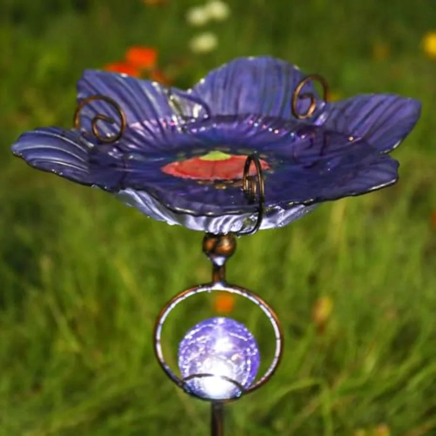 Glass Bird Bath Outdoor Decor With Solar Crackle Globe Lights