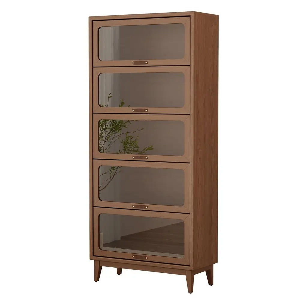 Wood Bookcase With Tempered Glass Flip Up Doors Living Room