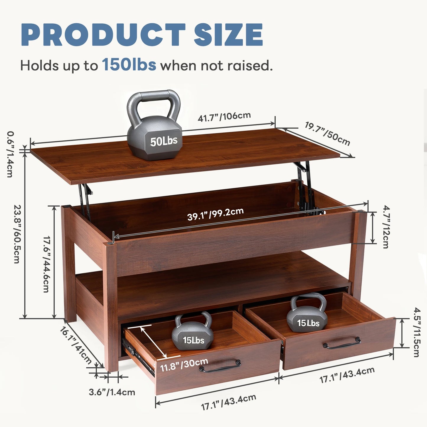 JHK Lift Top Coffee Table With Drawers And Hidden Storage