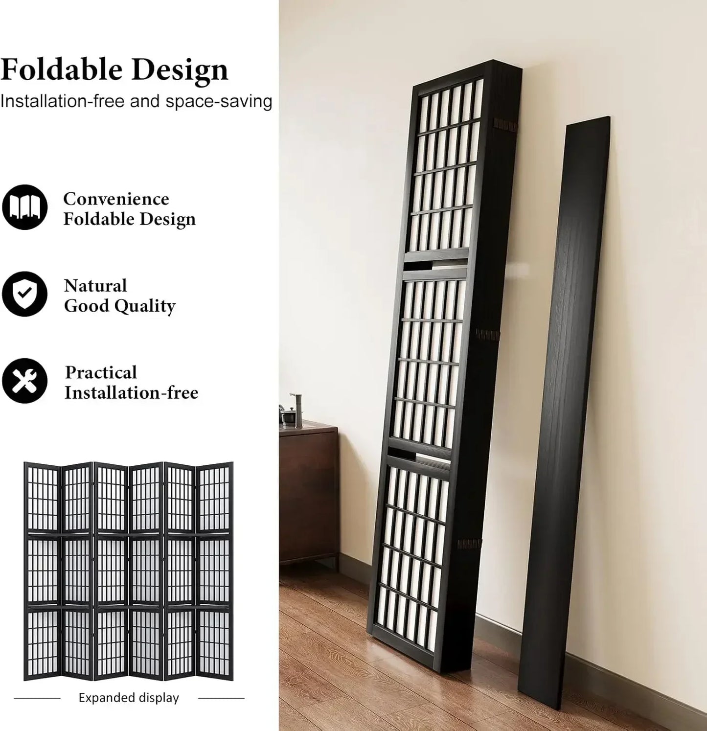 Shoji Style Folding Portable Room Divider Screen With Three Display Shelves