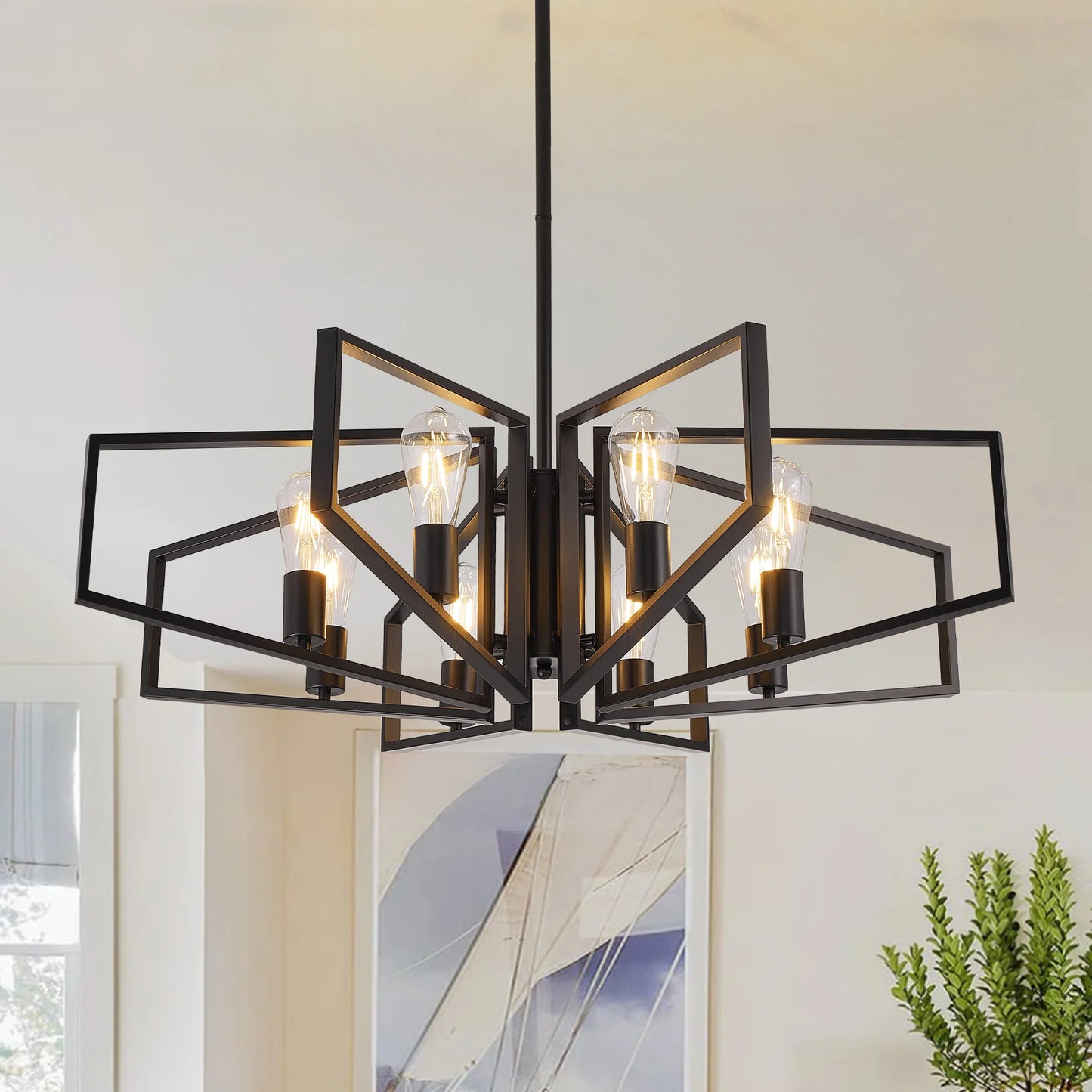 Modern 8 Light Geometric Chandelier Adjustable Height Metal Pendant Light