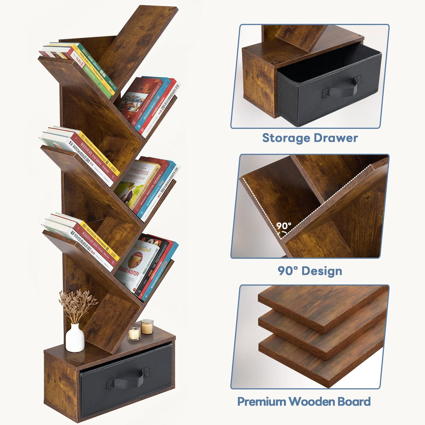 JHK 7-Tier Geometric Wooden Corner Bookshelf With Drawer