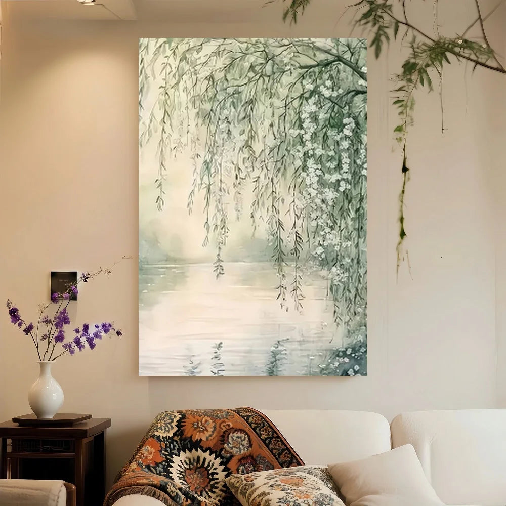 Framed Canvas Artwork Tranquil River Scene With Willows And Flowers