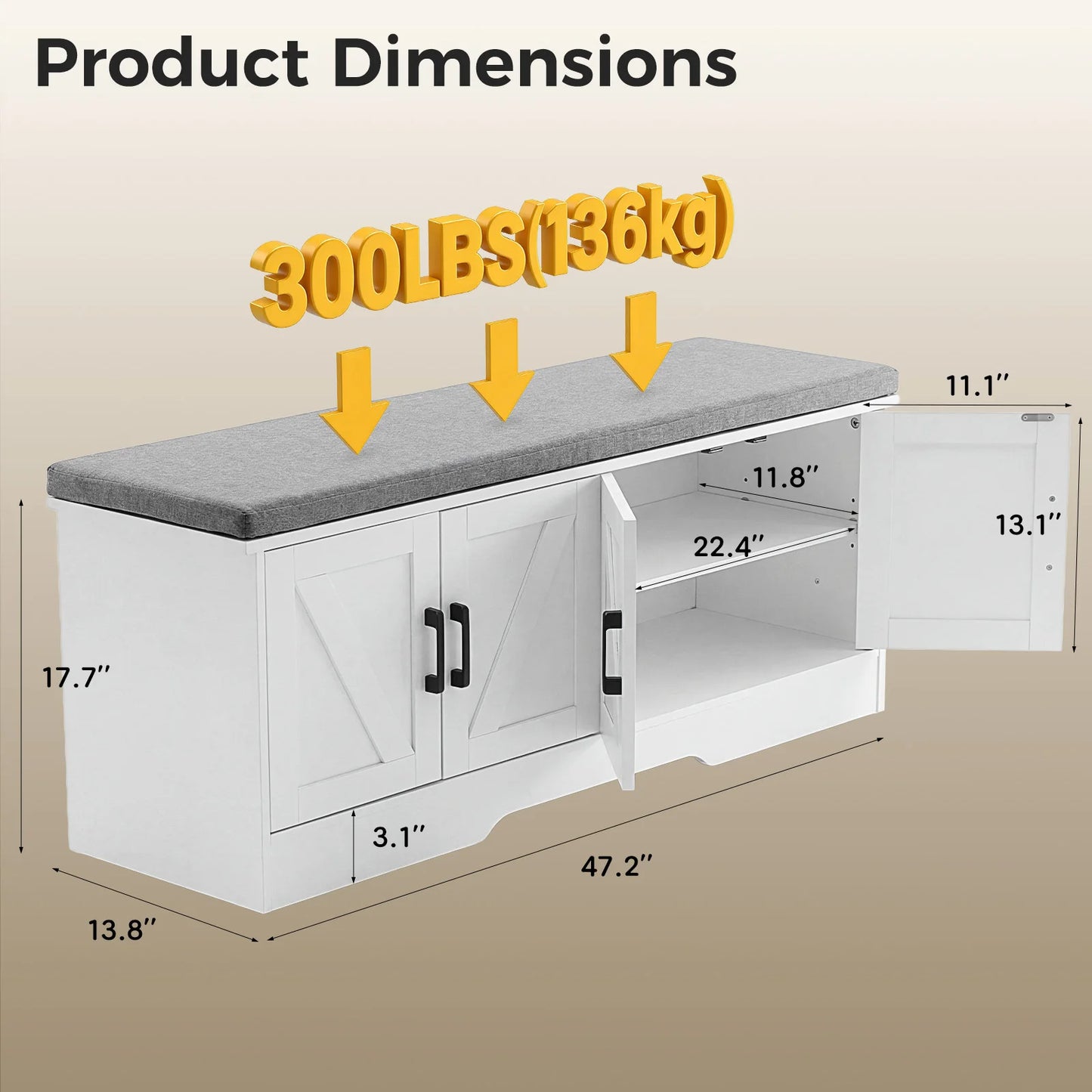 JHK Storage Bench Two Door Shoe Organizer Cabinet Entryway