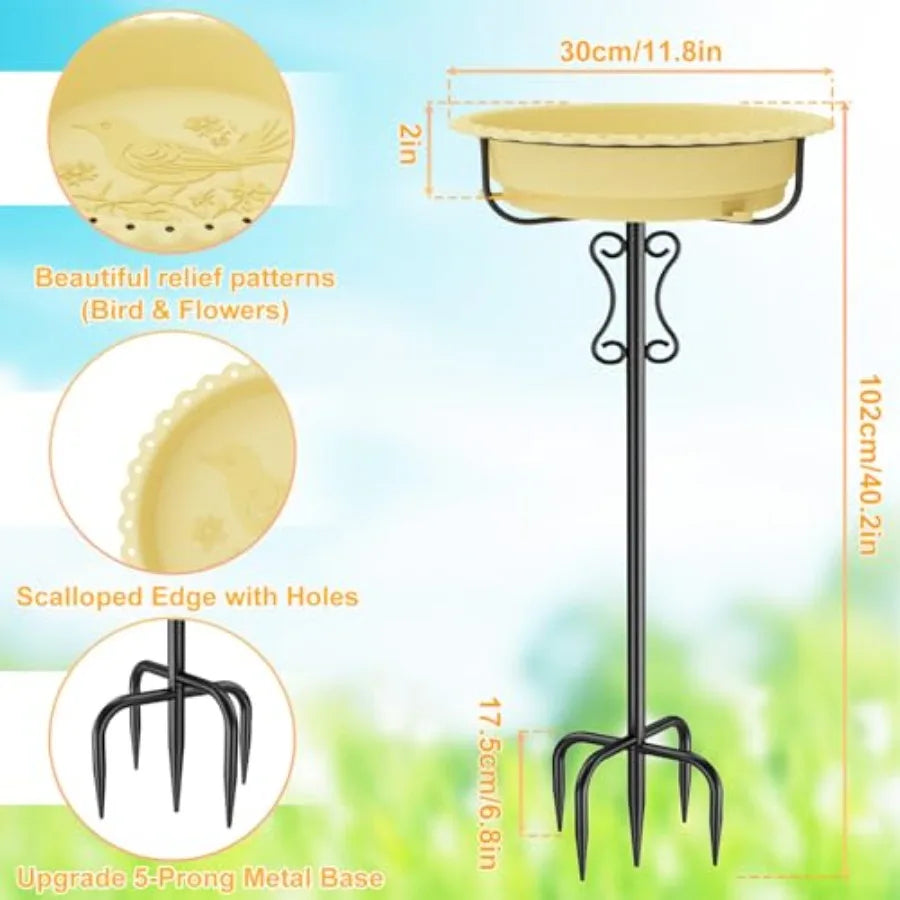 Freestanding Bird Bath With Rustproof Plastic Bowl Garden Patio Yard