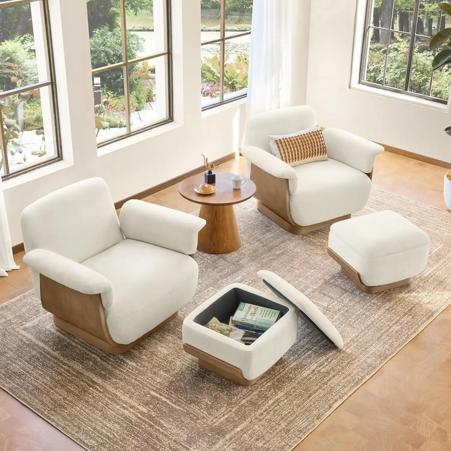 Fabric Swivel Accent Chair With Storage Ottoman For Living Room