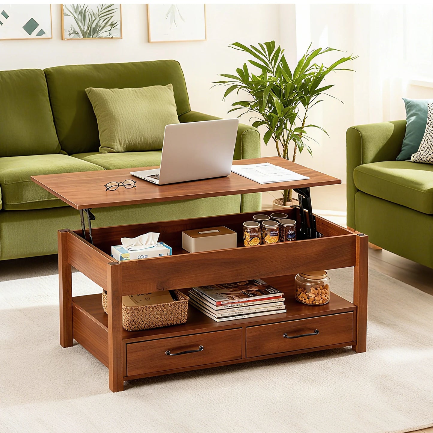 JHK Lift Top Coffee Table With Drawers And Hidden Storage