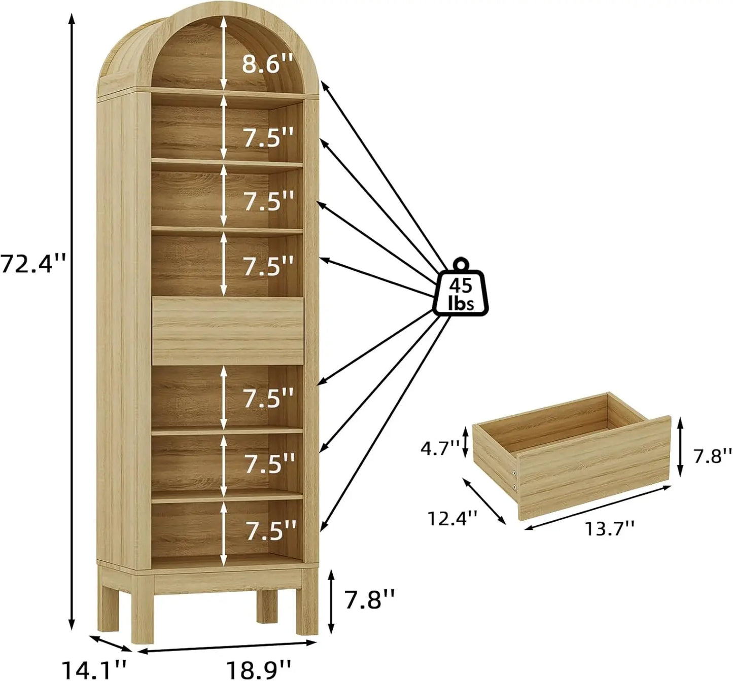Arch Storage Cabinet 7 Tier Open Organizer With One Drawer Wooden