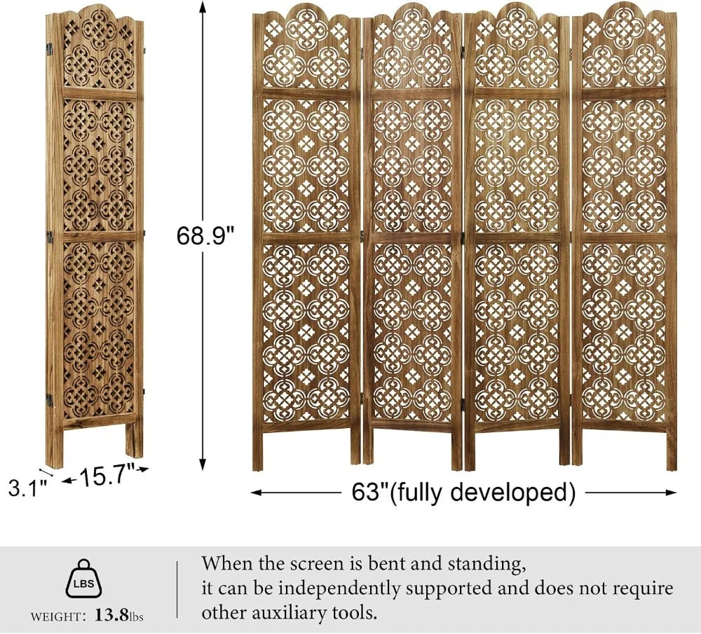 Four Panel Wood Carved Privacy Screen Folding Room Divider