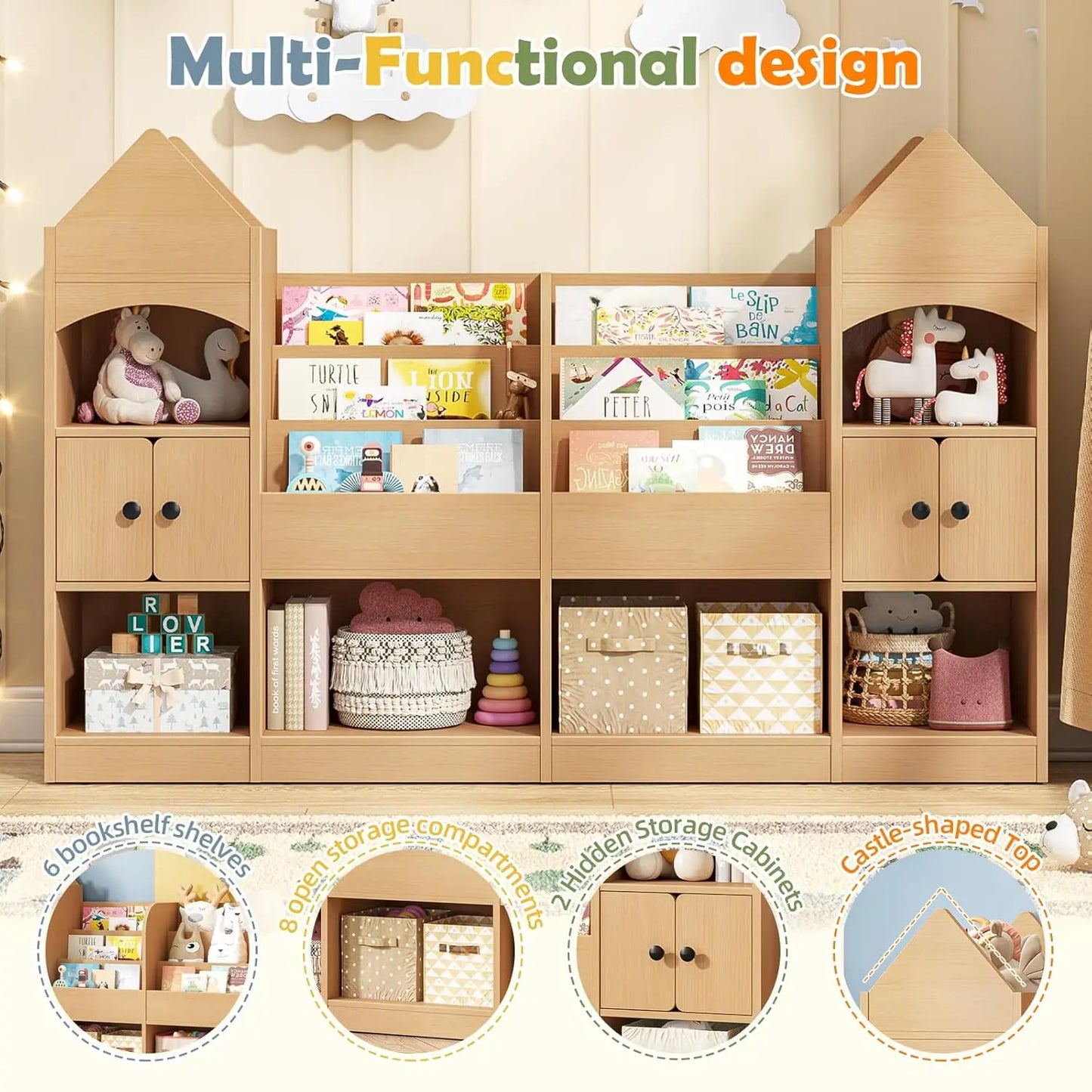 Children's Bookshelf Wood Display Case For Kids Toy Storage Organizer