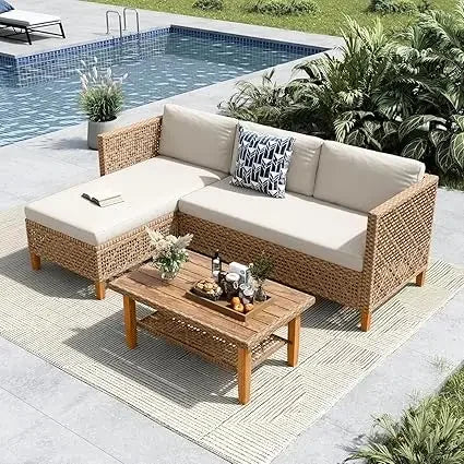 L Shaped Outdoor Couch Set Wicker Patio Furniture Rattan Sectional