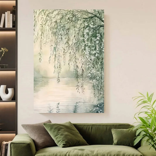 Framed Canvas Artwork Tranquil River Scene With Willows And Flowers