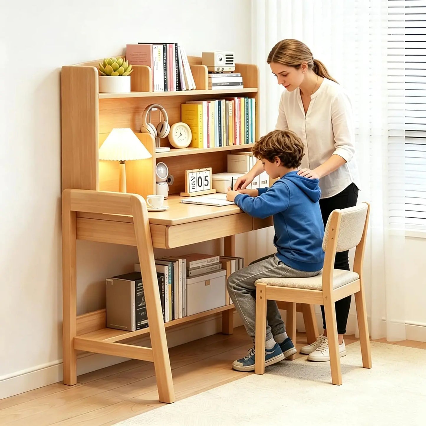 Kids Wooden Desk With Bookshelf Two Drawers Adjustable Study
