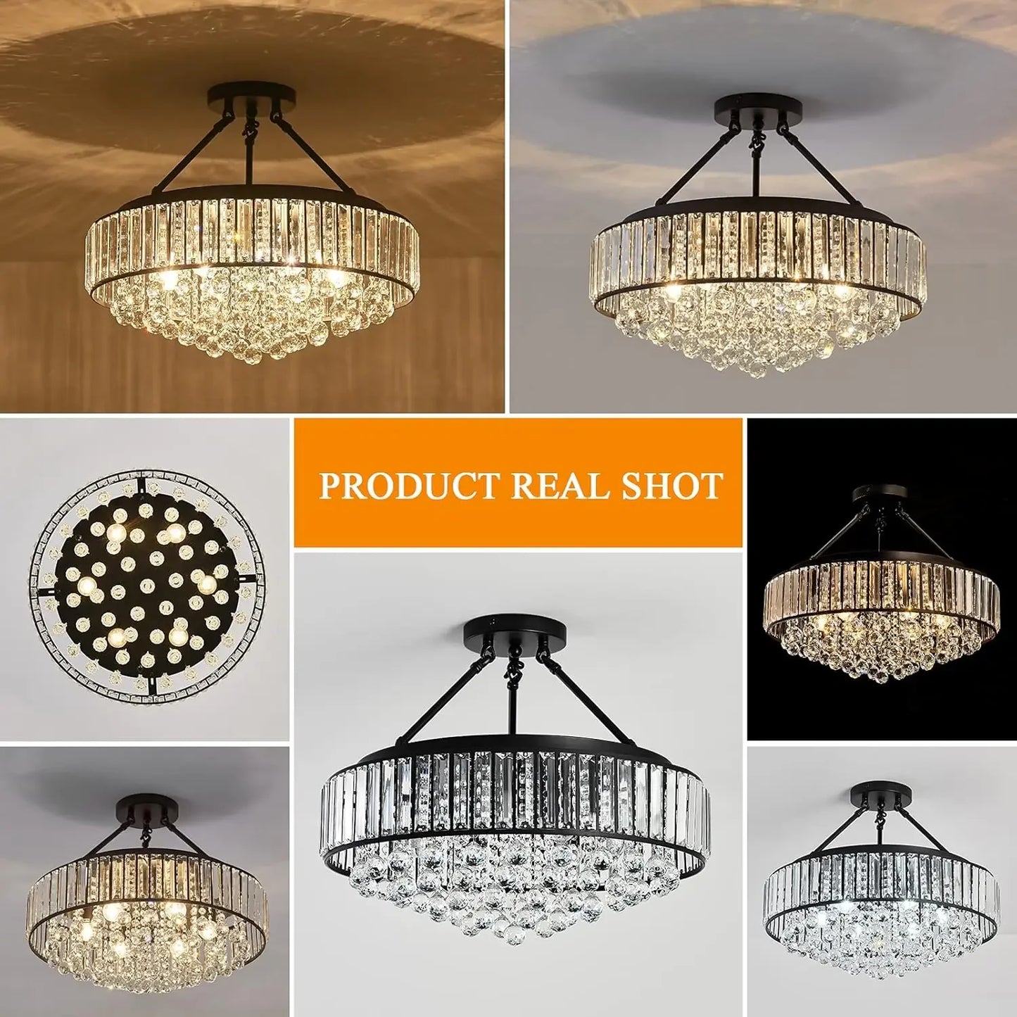 6-Light Modern Crystal Chandelier Metal E26 Semi Flush Ceiling Light