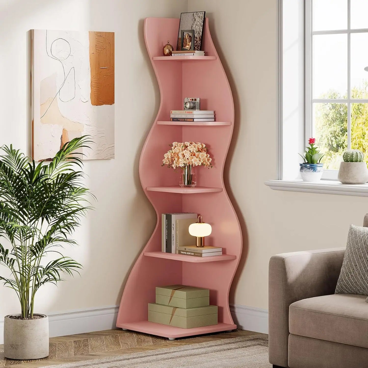 Modern 5-Tier Curvy Corner Shelf Rack For Living Room