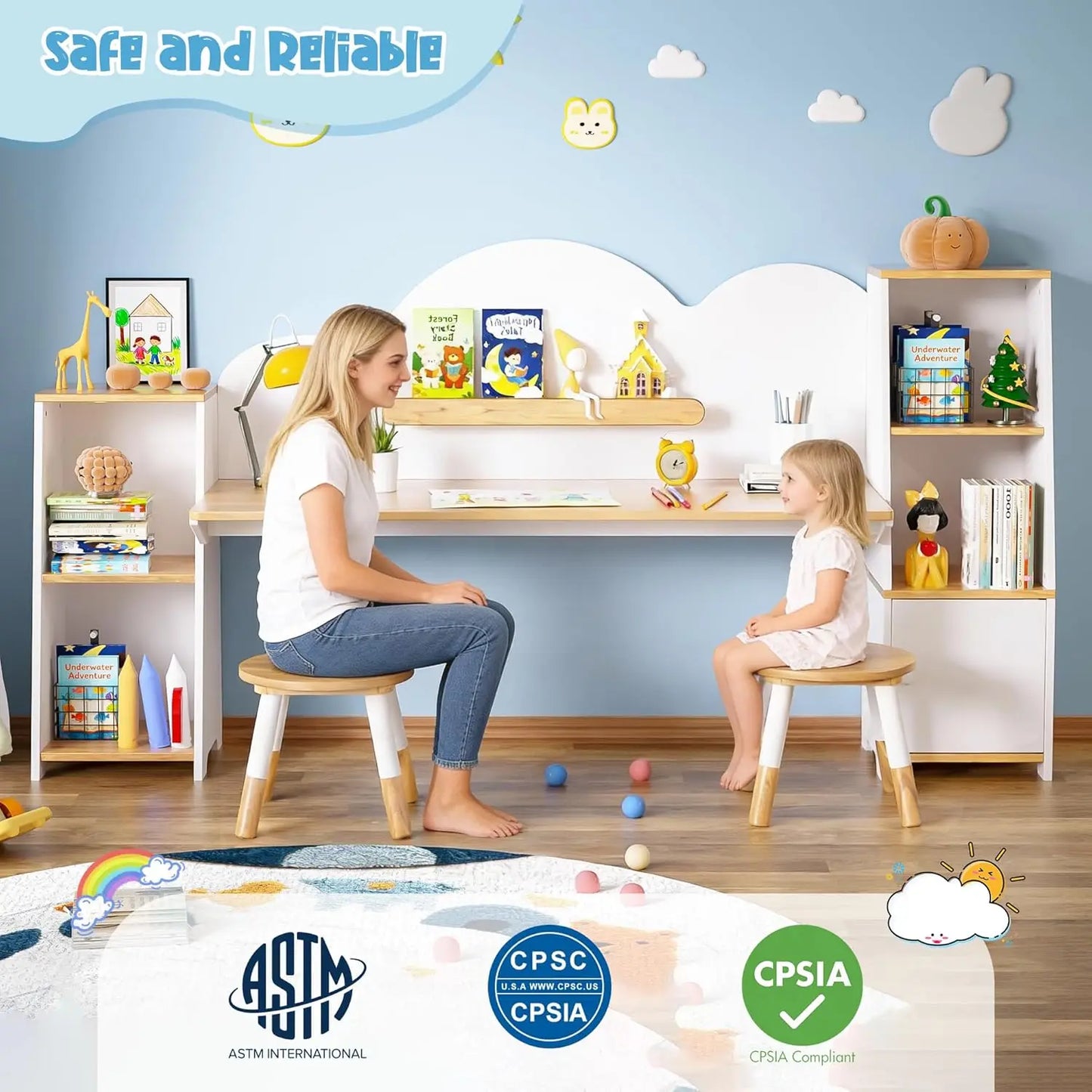 Wooden Kids Study Desk With Storage And Two Stools Set