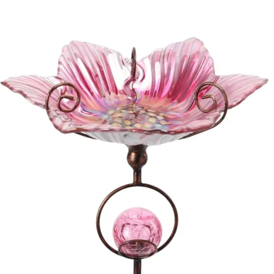 Glass Bird Bath Outdoor Decor With Solar Crackle Globe Lights