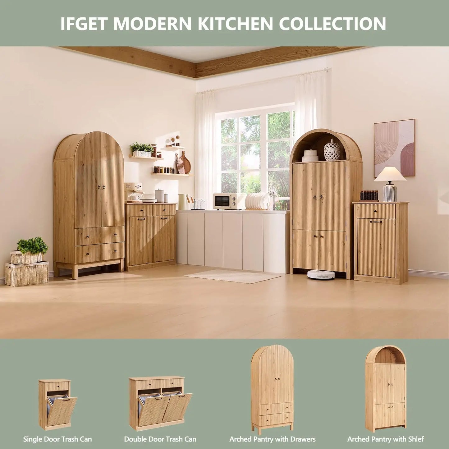 Arched Kitchen Pantry Cabinet With Doors And Adjustable Shelves