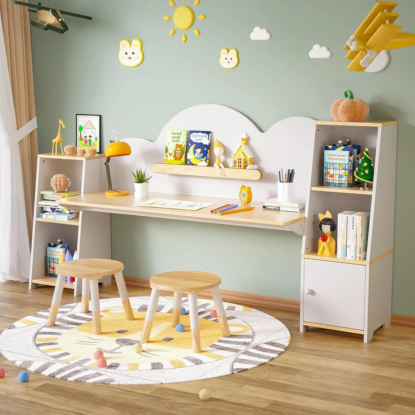 Wooden Kids Study Desk With Storage And Stools Set
