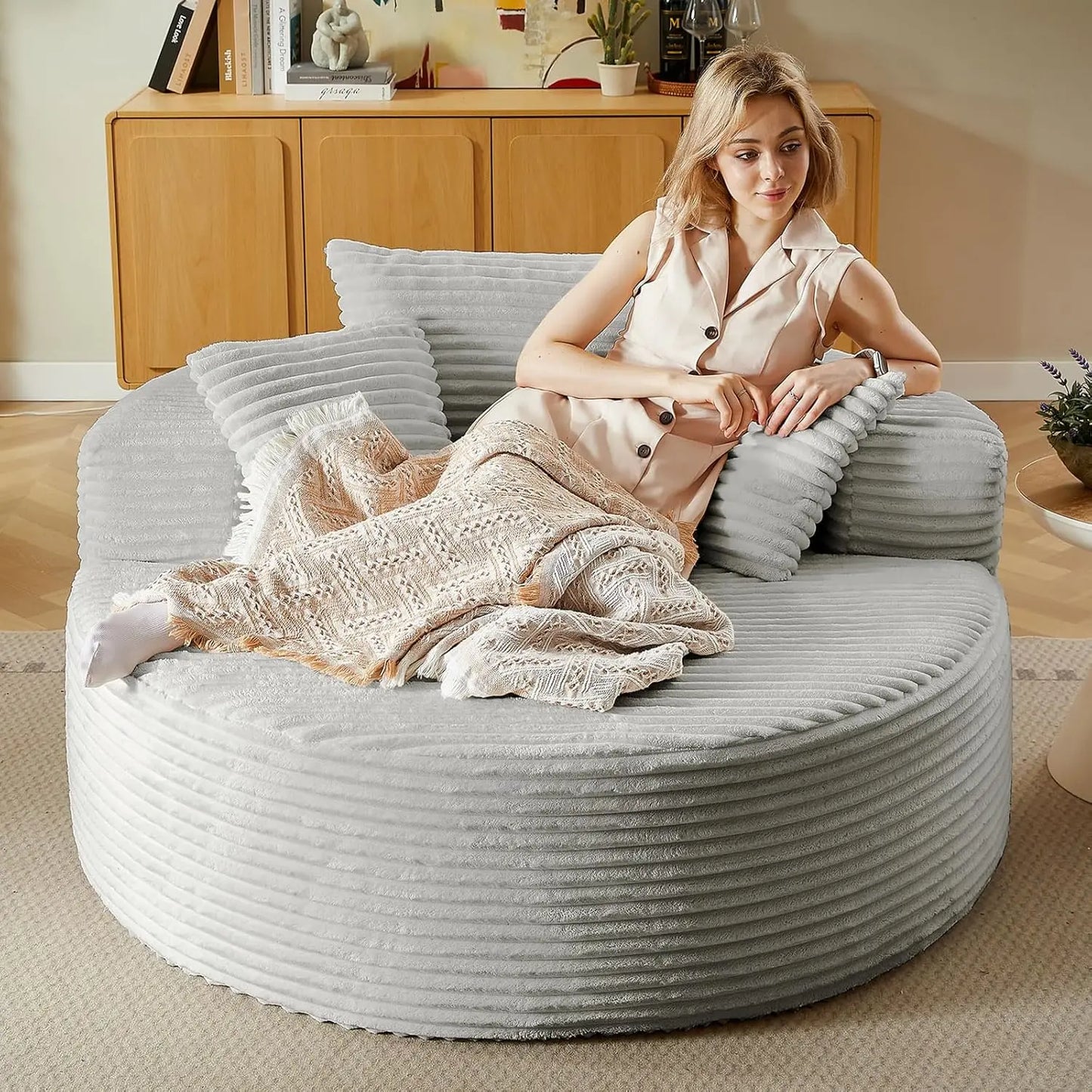 Indoor Plush Corduroy Round Chaise Lounge Chair Modern Style