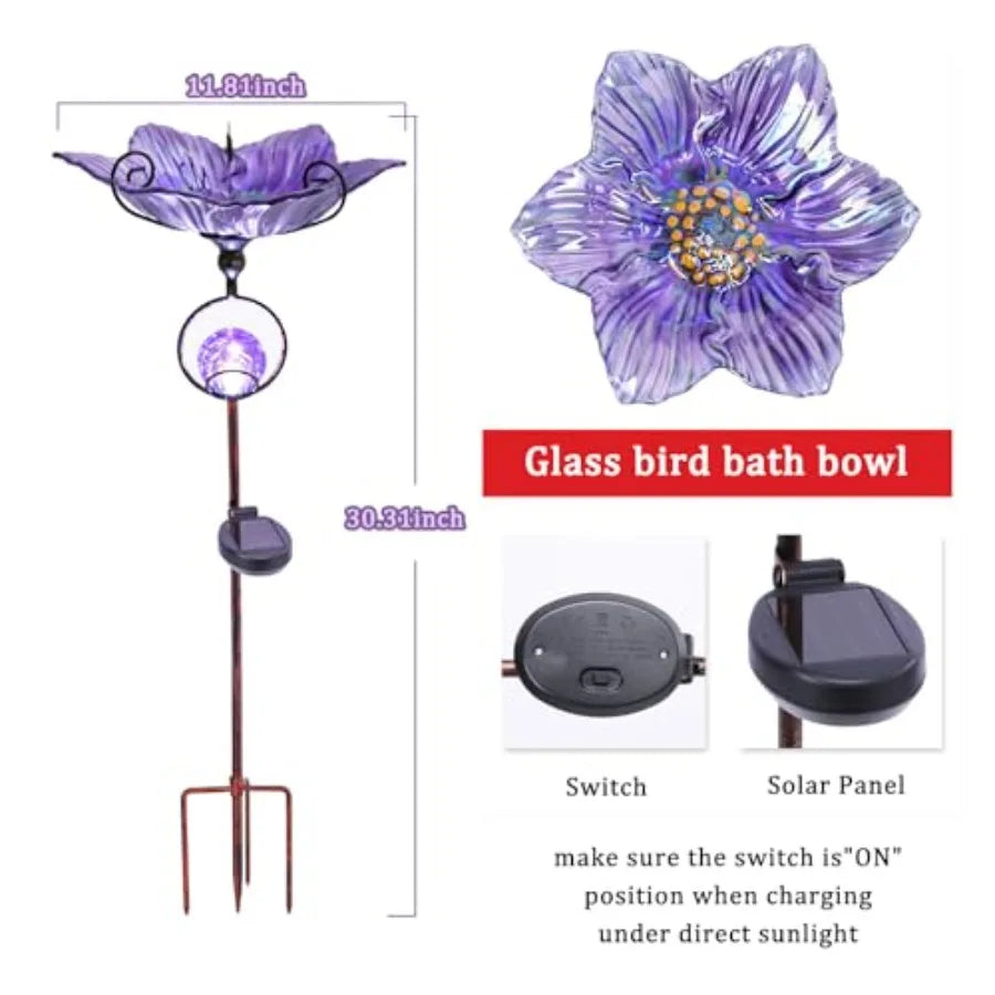 Glass Bird Bath Outdoor Decor With Solar Crackle Globe Lights