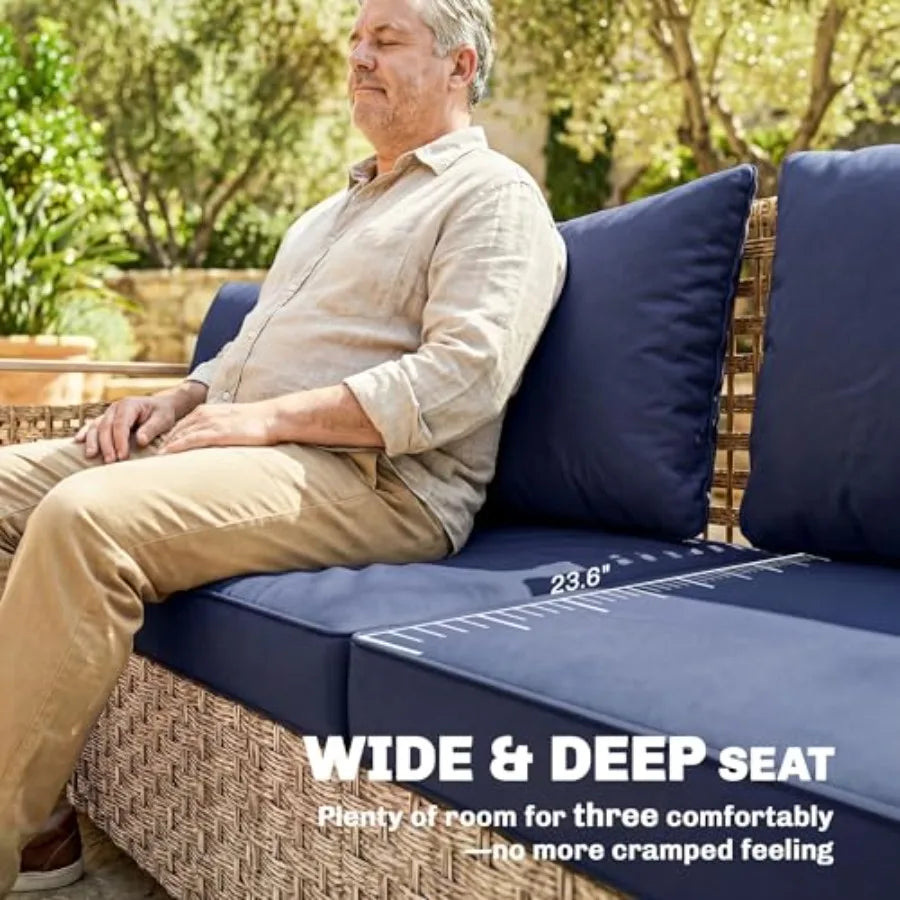 Outdoor Patio Couch With Wicker And Metal Frame Deep Seat Wide Armrests