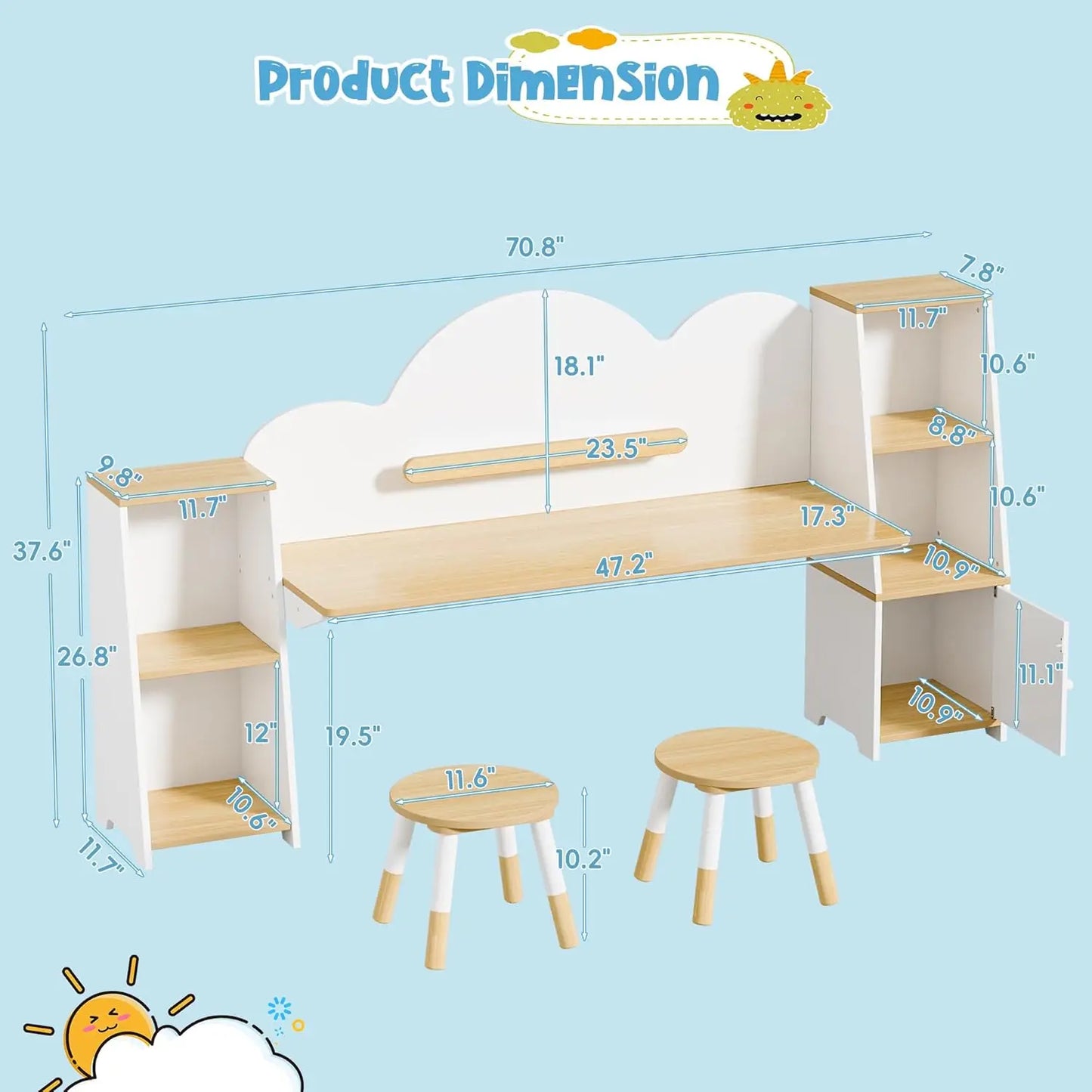 Wooden Kids Study Desk With Storage And Stools Set